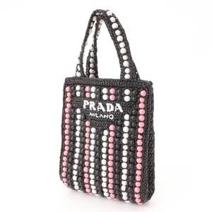 Prada Bead Tote Bag Raffia Handbag Wood Black
